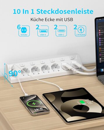 Розподільник розеток з захистом від перенапруги, 6 розеток, USB-C, 2м кабель, 4000W, 16A, для кухні, дому, офісу (білий)