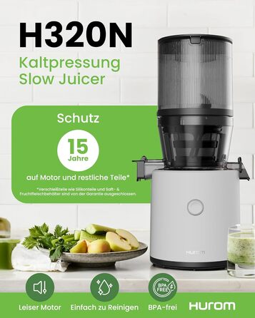 Соковижималка Hurom H320N для овочів та фруктів, електрична холодного віджиму, біла, 2 л, 200 Вт, без BPA, тиха, легка у чищенні