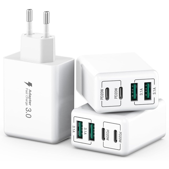 Блок зарядного пристрою USB C на 40W з 4 портами, швидка зарядка PD+QC, для iPhone, Samsung, Tablet, білий (3 шт.)