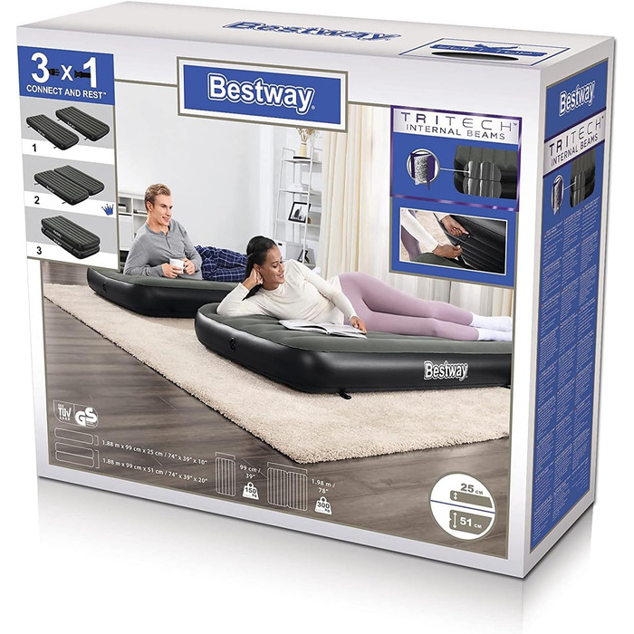 Надувний матрац Bestway TriTech Connect and Rest 3-в-1 | Міцний матеріал | Регульовані пряжки | 2 матраци в комплекті | Сірий колір | 188 x 99 x 25 см