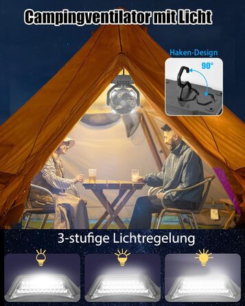 Портативний вентилятор для кемпінгу з акумулятором 10000mAh, LED-ліхтар, 270° обертання, USB-зарядка, для намету, відпочинку на природі, риболовлі, офісу (Чорний)