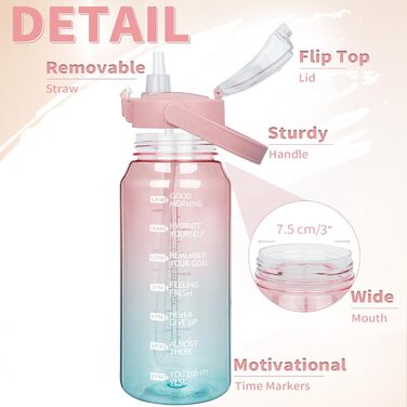 2L Tritan Water Bottle with Straw & Time Marker 2 liter BPA-free Motivational Water Bottle with Clock Large Sports Bottle for Gym, Fitness, Hiking (Transparent Rose / Cyan)