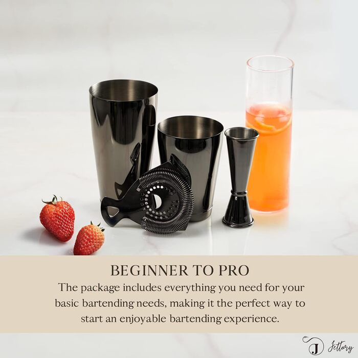 Boston Shaker Set - 4-Piece Cocktail Shaker Kit with 18/28 oz Boston Shaker Stainless Steel, Hawthorne Strainer, and Jigger, in a Stylish Gift Box - Ideal for Home Bar Use (Black).