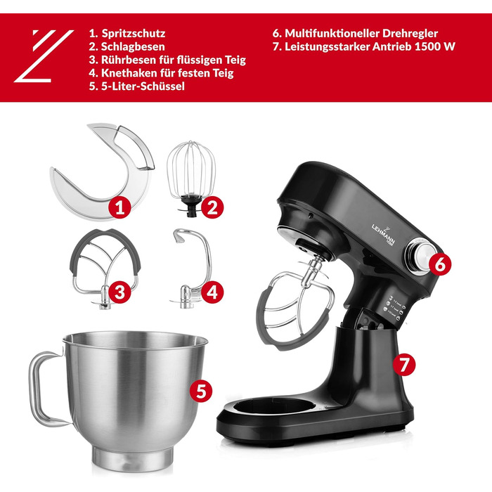 Кухонний комбайн-міксер LEHMANN з набором аксесуарів, 1500 Вт, 12 швидкостей, чаша 5 л, захист від перегріву, планетарний міксер з 3 насадками та захистом від бризок, чорний