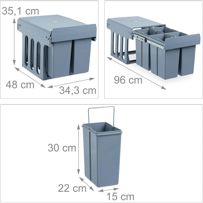 Вбудований відро для сміття Relaxdays, сірий, 15 л + 2 x 8 л, для кухонної шафи, пластик, 35 x 34 x 48 см