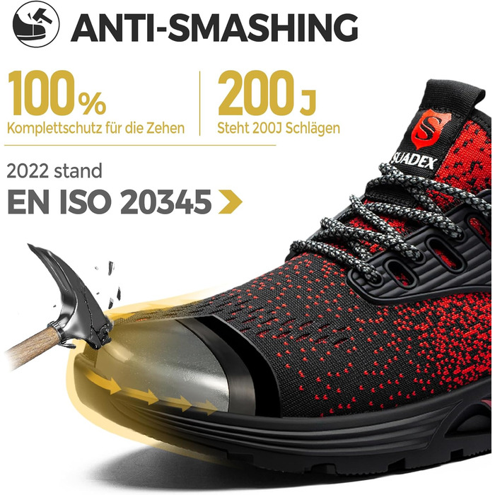 Зручні робочі черевики Suadex з металевим носком для чоловіків та жінок. Дихаючі, розміри 37-48 EU, колір червоний