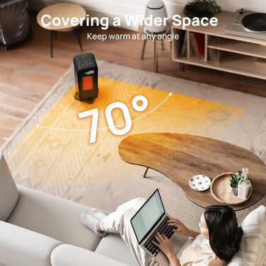 Електричний обігрівач PTC, 2000W, керамічний, тихий, з термостатом та пультом ДУ, ECO режим, 70° осциляція, таймер 12h, захист від перегріву та перекидання, чорний, 1 шт (40см)