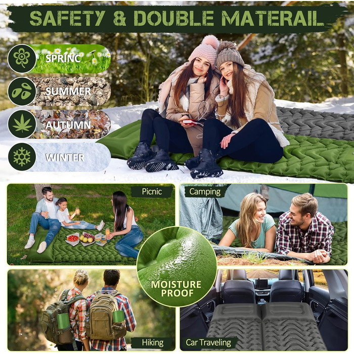 Self-Inflating Camping Mat with Integrated Support Belt - Durable & Moisture-Resistant Travel Pad for Camping, Indoor/Outdoor Use, Hiking (196x130x9cm)