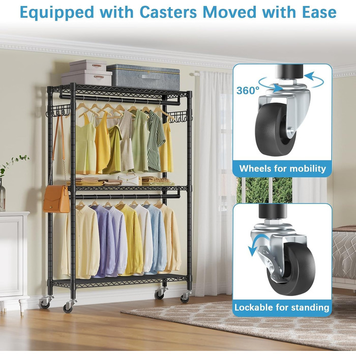 ALKNOT Clothes Rack, Garment Rod, Rolling Clothes Rack, Rolling Garment Rod, Stable Clothes Rack, Clothes Rack with Wheels 90x43.5x180cm, Load Capacity 100kg