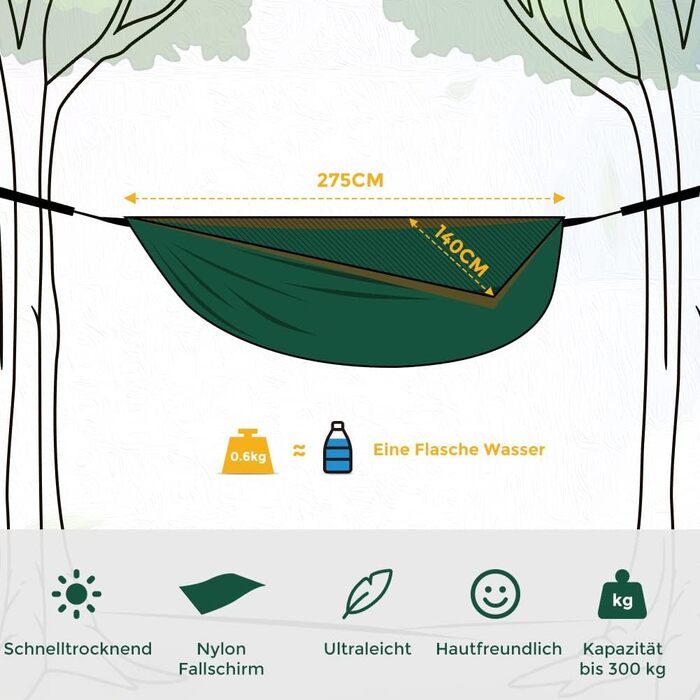 Гамак туристичний Ultraleicht Glymnis для відпочинку на природі, 275x140 см, 300 кг, темно-зелений/коричневий