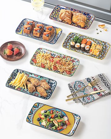 Сервіровочні тарілки HENXFEN з порцеляни, 10 дюймів, набір прямокутних тарілок для салату, закусок, сашимі, богемний квітковий дизайн у 6 яскравих кольорах