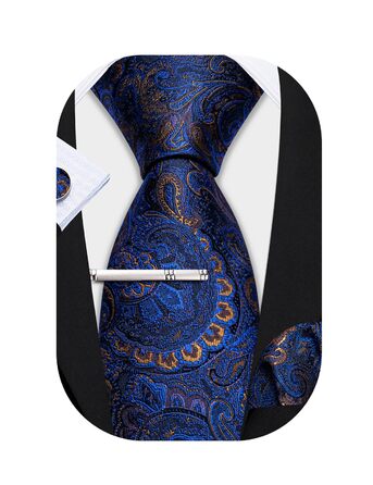 Краватка з шовковим візерунком пейслі, комплект з кишеньковим хустинкою та застібкою для краватки Barry.Wang, 3 шт., блакитно-золотий колір, для урочистих заходів та весілля