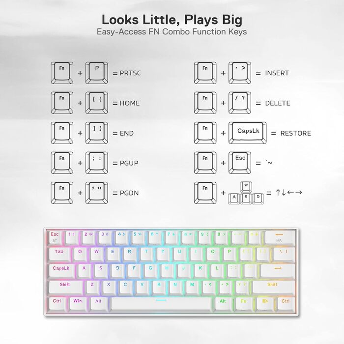 Redragon K530 Pro Draconic - Механічна ігрова клавіатура 60% з RGB підсвічуванням та Tactile brown перемикачами (61 клавіша, Hot-Swap, Bluetooth/USB, Windows/Mac/Android)