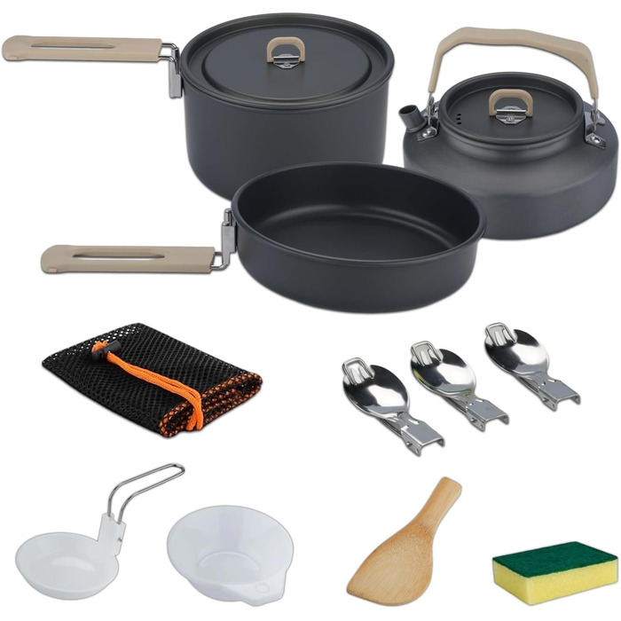 Набір посуду для кемпінгу ISFORU на 2-3 особи, 13 предметів: антипригарні каструлі та сковорідки, посуд для приготування їжі з котелком, пластикові миски та аксесуари. Компактний набір для пікніків, походів та кемпінгу.
