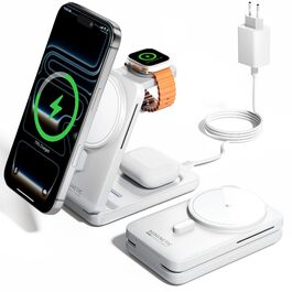 Зарядна станція 3-в-1 KPON для Apple Watch та iPhone з MagSafe, 20W, біла - Швидка зарядка для iPhone 17-12, Apple Watch 11-2, AirPods, портативна для подорожей та офісу