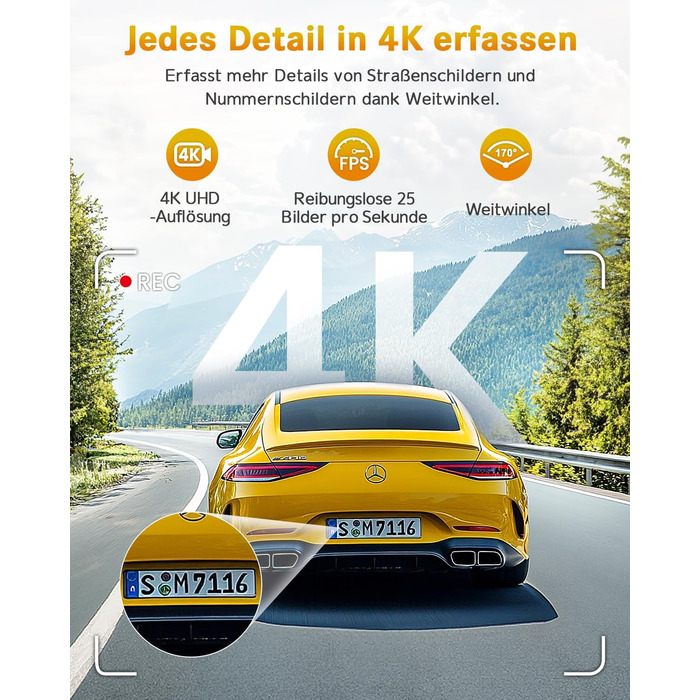 Відеореєстратор GKU 4K Auto з Wi-Fi, 170° кут огляду, Нічне бачення, WDR, 24H паркування, G-сенсор, в комплекті SD-карта 64GB, Чорний