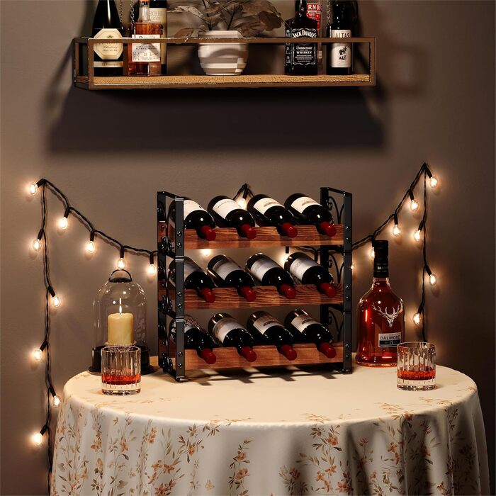Rustic 3-Tier Stackable Wine Rack Freestanding 12 Bottle Organizer Holder Stand Countertop Liquor Storage Shelf Solid Wood & Iron 16.5