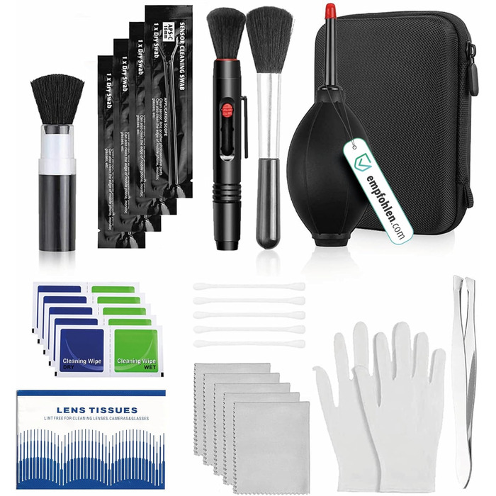 Набір для чищення камери Pixly® 16 предметів: Професійний набір для DSLR з повітряним насосом, 2-в-1 олівцем для лінз, пензлем для чищення, рукавичками та мікрофібровими серветками. Підходить для камери, об'єктива та сенсора.