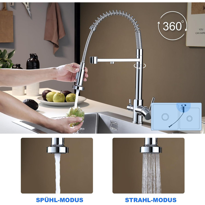 3-х шляхова кухонна змішувач з поворотним виливом 360°, 2 функції (душ, аератор), 3-в-1, з фільтром, з міді та нержавіючої сталі, з гнучкою насадкою для душу, хром