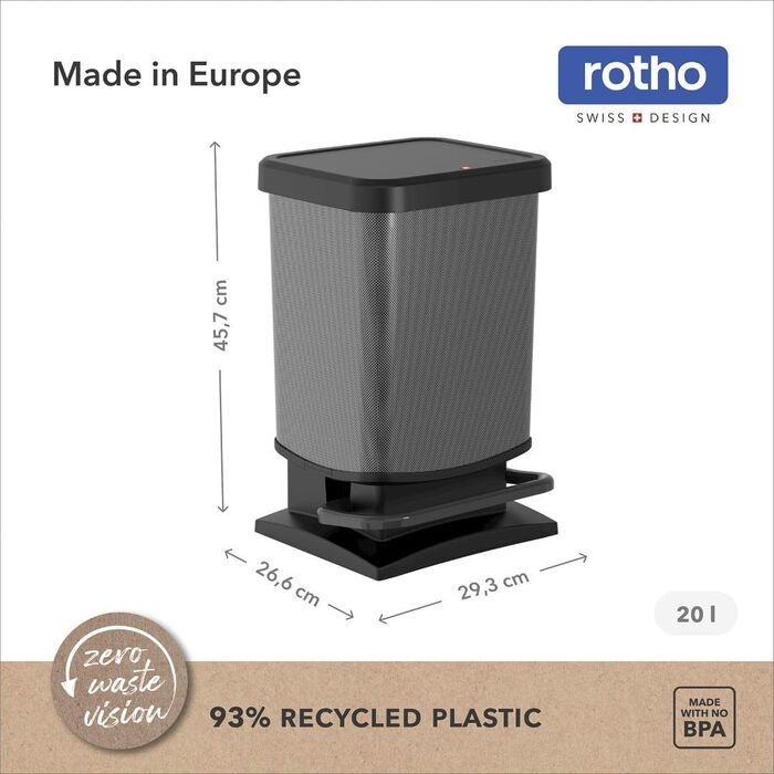 Сміттєвий відер Rotho Paso на 20л з педаллю та кришкою, пластик (PP) без BPA, колір carbonmetallic (29.3 x 26.6 x 45.7 см)