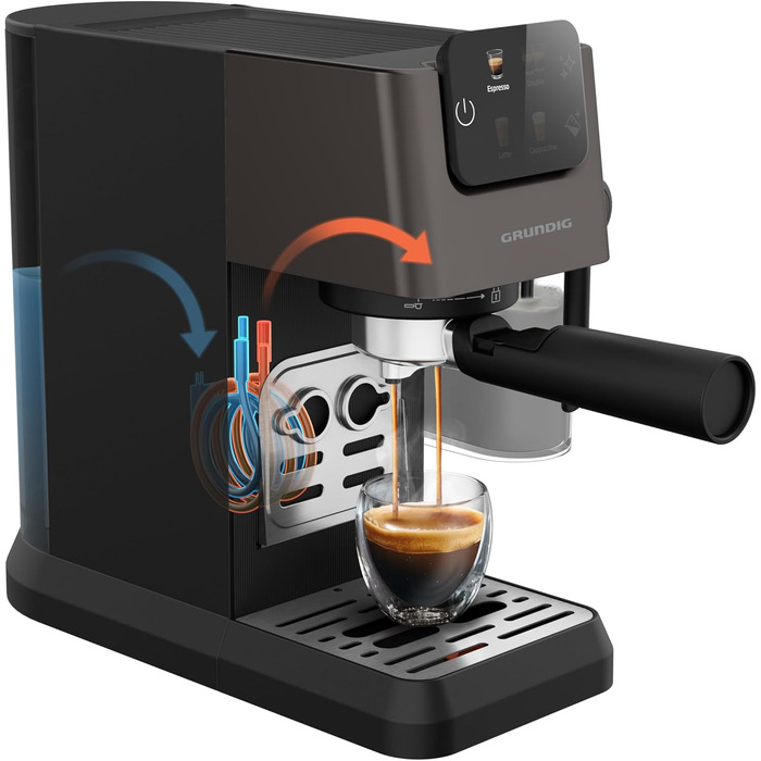 GRUNDIG KSM 5330 Espresso Machine with Integrated Milk Container, 1628 W Power, 15 bar Pump Pressure, Dual Nozzle, Color Touch Display, BrewSense, CreamyPro, Dark Inox/Black. With Milk Container