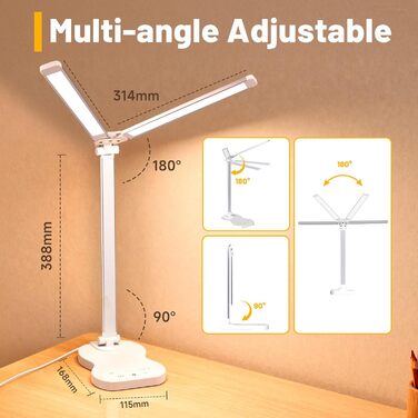 Стійка лампа для робочого столу з двома регульованими головками, 5 режимів кольору, 10 рівнів яскравості, сенсорне керування, таймер 45 хв, диммування, для дому, офісу, читання, навчання - біла