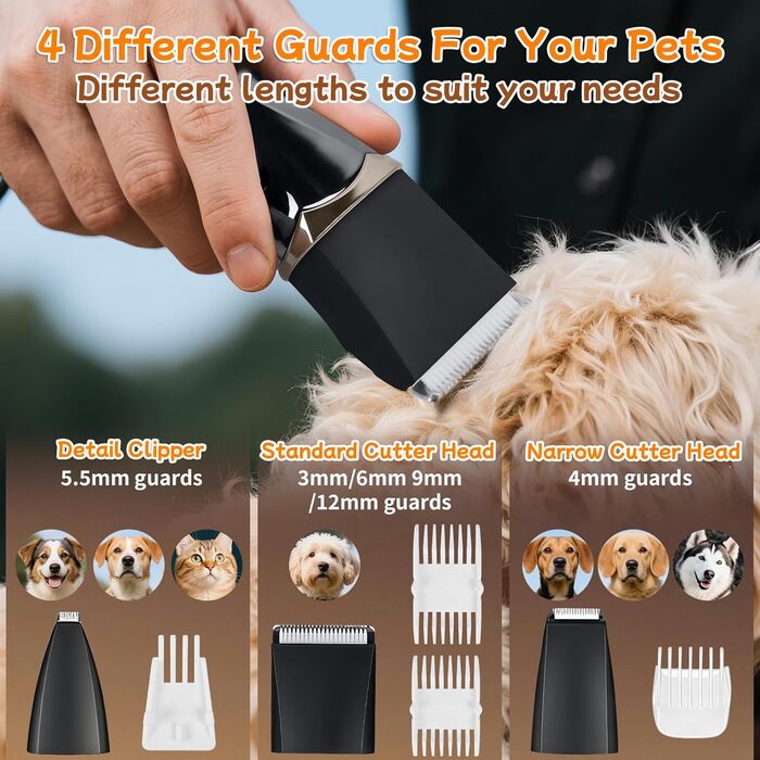 Набір для стрижки собак 4 в 1 Ninonly: тиха, акумуляторна машинка для собак та котів з 4 насадками для тіла, лап, очей та вух. Тример для лап. Чорний колір.