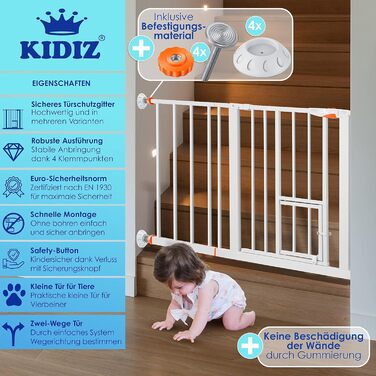 Захисне ворота KIDIZ для котів з люком, захист для дверей, ворота на сходи для дітей без свердління | Зупинка 90°, поворотне, захист для сходів, білий/ширина: (102-115 см, помаранчевий)