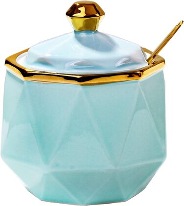 Sugar bowl with lid and spoon, ceramic sugar bowl, multifunctional sugar container, spice container, salt shaker, spice bowls, sugar bowl for kitchen, storage, organization, 280 ml (blue)