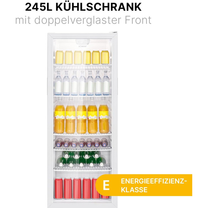 Холодильник для напоїв Bomann® KSG 7289 з скляними дверцятами, 245 л, 5 полиць, автоматична розморожування, регулювання температури, білий (Модель 2024)