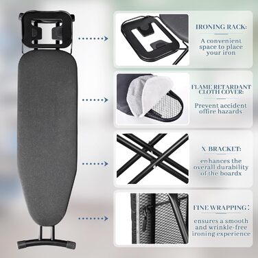 Гладильна дошка WUDLEP регульована по висоті, 140 x 38 см, розкладна, широка, з гачком, висота 70-90 см, з міцної сталі, підходить для більшості парогенераторів