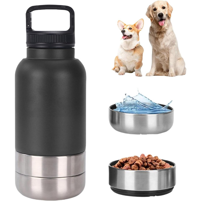 Водонепроникна пляшка для собак Dijiusidy 950 мл (чорна) - 3 в 1 з мискою для прогулянок, подорожей та кемпінгу