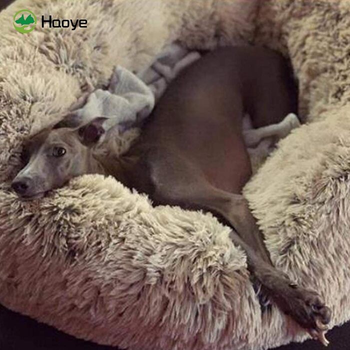 Кругле ліжко для собак та котів Haoye, м'яке, плюшеве, Ø 60 см, 7 розмірів, бежеве