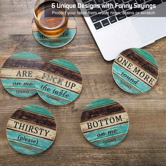 Drink coasters, absorbent, Esur fun ceramic coaster set of 6 with metal holder, rustic cork bottom table protector, farmhouse style bar, home decor, housewarming gift