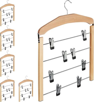 6 x Rock Hangers, Multi-Bar, Trouser Hangers Wood, 360° Swivel Hook, Clothes Hangers Non-Slip, HBT 45.5x39x2.5 cm, Silver/Natural