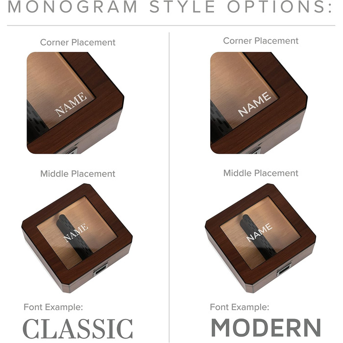 Десктоп-умивальниця CASE ELEGANCE MAG для сигар, горіхове покриття, вміщує 20-30 сигар, скляна кришка з магнітним замком, восьмигранна форма, цифровий гігрометр, іспанська кедр (коричневий з монограмою)