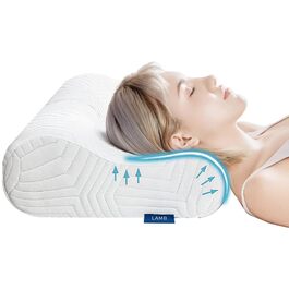 Ергономічна подушка для шиї LAMB з ефектом пам'яті (Memory Foam), ортопедична подушка для сну та підтримки шиї з антибактеріальним чохлом RUCO-BAC, 60x35x12/10 см, синя
