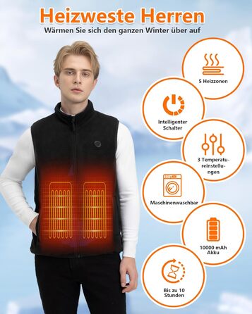 Обогревна жилетка з флісу для чоловіків з акумулятором 5V 10000mAh - жилетка з 3 рівнями нагріву, 5 зонами обігріву, ідеальна для роботи на відкритому повітрі, катання на лижах, піших прогулянок та щоденних поїздок. Чорний, XXL