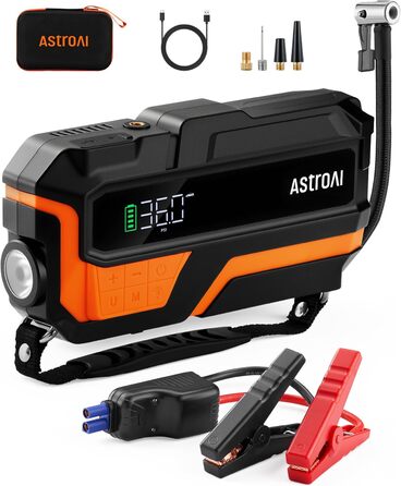 AstroAI MF16 6000A Powerbank для старту авто з компресором 150 PSI, 6000A, 12V, для бензинових/дизельних авто, мотоциклів, SUV, з LED-дисплеєм, помаранчевий