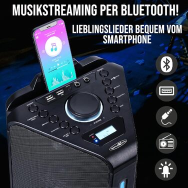 Reflexion PS09BT Bluetooth портативна акустика для вечірок, DJ, караоке, 500 Вт, радіо UKW-PLL, світлодіодний ефект, мікрофон, вбудований акумулятор, чорний (PS100BT (800W))
