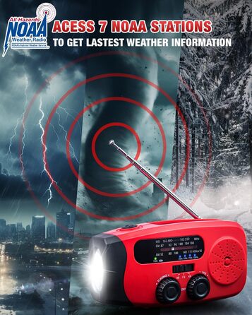 Радіо-пристрій на ручному валу Emgykit для надзвичайних ситуацій з сонячною батареєю та 3 LED-ліхтариками, 2000mAh, AM/FM/NOAA, SOS-функція, для кемпінгу, червоний