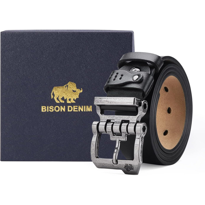 Чоловічий шкіряний ремінь BISON DENIM для джинсів та бізнес-стилю, ретро-дизайн, ширина 38 мм, довжина 130 см, чорний (W71694-2bm-black)