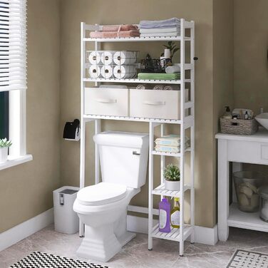 SMIBUY Over The Toilet Storage, 6-Tier Bamboo Bathroom Shelf with Drawers, Freestanding Over the Toilet Organizer Rack, Ample Storage, Space Saver for Small Spaces (Natural) (White)