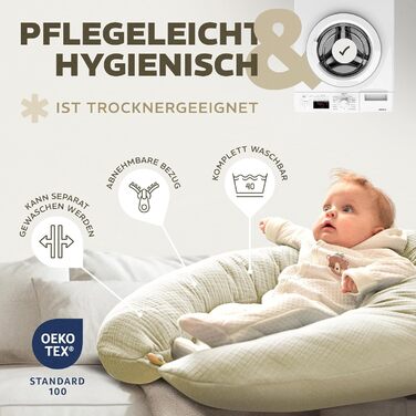 Подушка для годування sei Design XXL 190x30 см з мусліновою наволочкою, ергономічна, для вагітних, для сну на боці, комфортна подушка для дорослих, наволочка з 100% органічної бавовни муслін