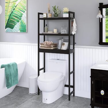 SMIBUY Toilet Shelf, Bamboo Toilet Rack, Adjustable Washing Machine Shelf, Bathroom Shelf with 3 Storage Layers, Space-Saving, Easy to Assemble (Black)