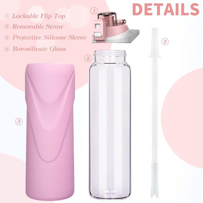 1 liter / 1l Drinking Bottle Glass with Straw BPA-Free Glass Bottle with Silicone Sleeve Borosilicate Glass Water Bottle (Pastel Pink)