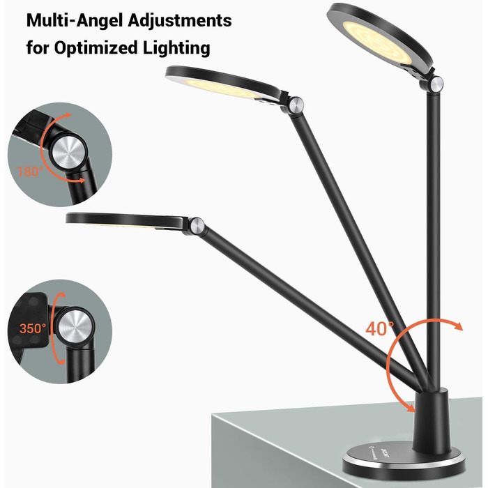 JUKSTG LED Desk Lamp - 12W Adjustable Office Table Lamp with Touch Control, Dimming, 10 Brightness Levels, 5 Color Modes, Eye Protection for Reading, Work, Kids - White/Black