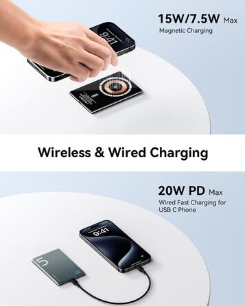 Power Bank Kuulaa Ultra Slim Magsafe, 5000mAh, Бездротова зарядка, Type-C, 20W, для iPhone 15/14/13/12, Space Gray