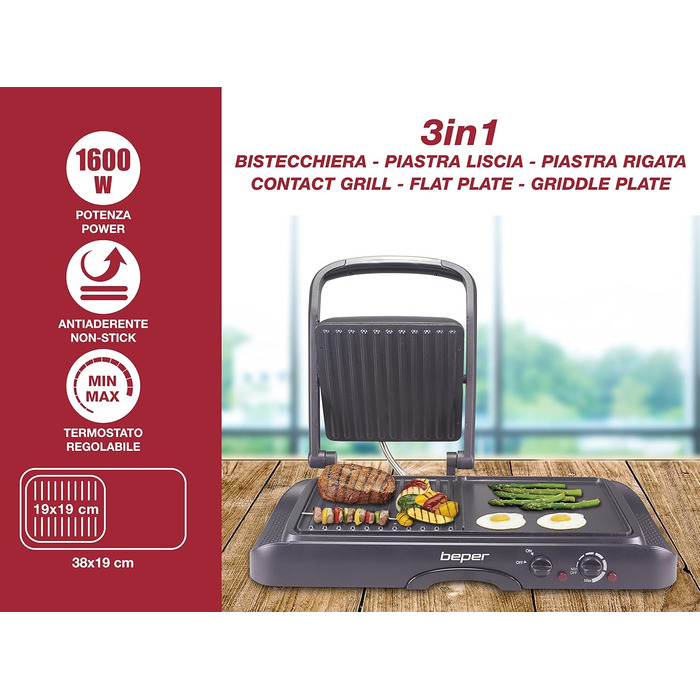BEPER Electric Grill with Glass Lid - Non-Stick Coated Plate, Stainless Steel, 1600W