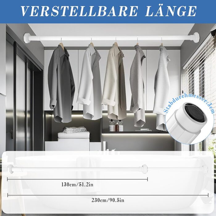 Регульована телескопічна штанга DEWEL для карнизів, душових кабін, без свердління, для штор, спальні, ванна кімната (діаметр 3см, 70-120см, білий)